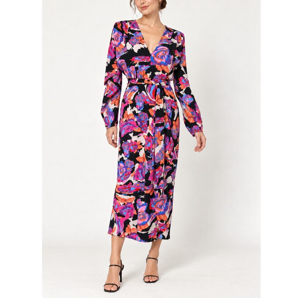 Floral Midi Dress Black Pink Belted V Neck Long Sleeves Open Back Topshop 2 UK 6